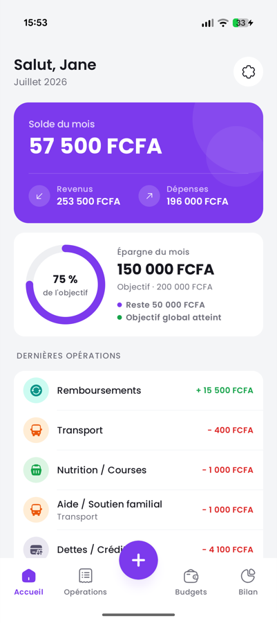 Le tableau de bord : solde du mois, épargne et dernières opérations